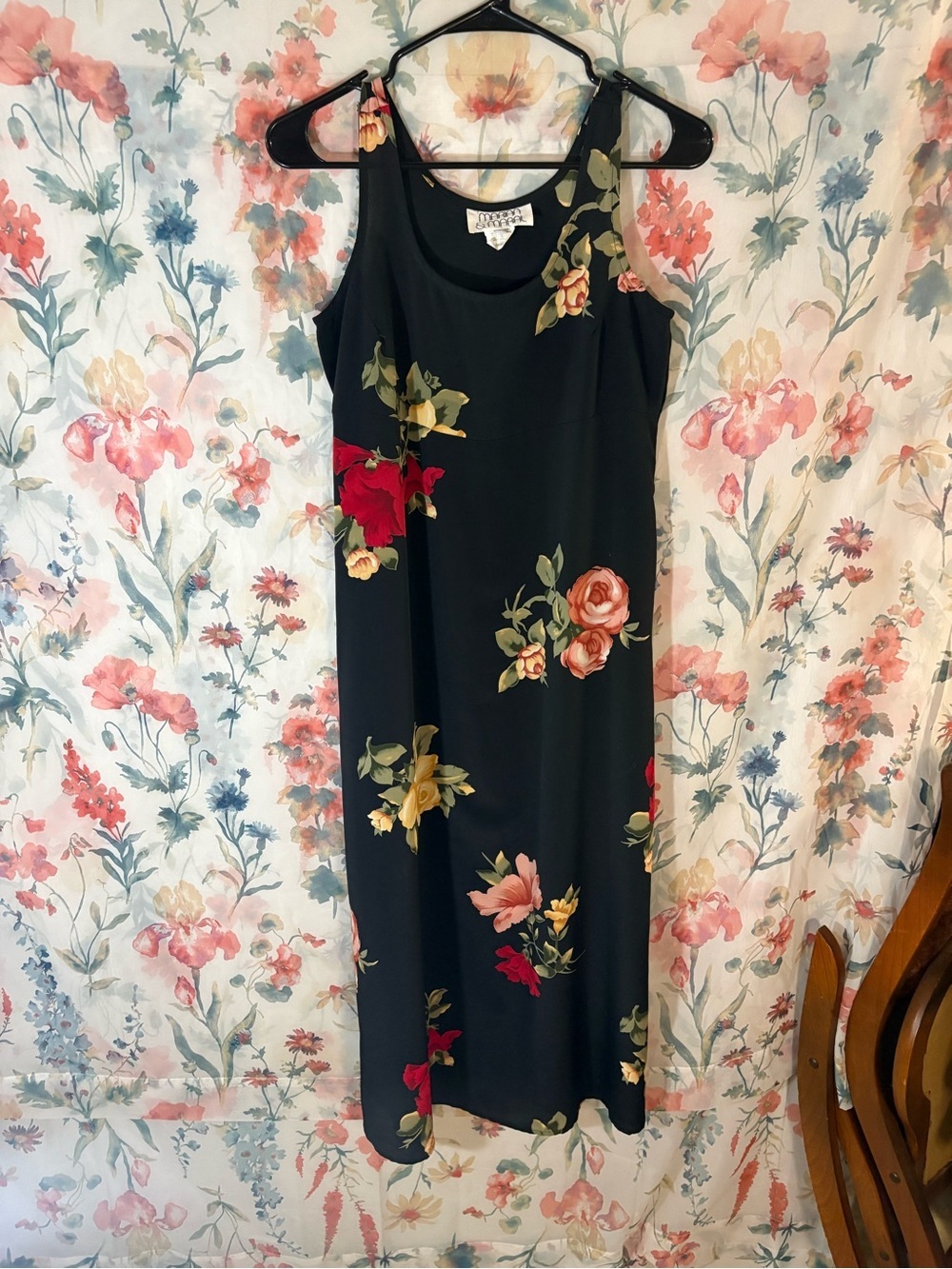 Vintage Sleeveless Floral Maxi Dress in Black with Red, Pink & Yellow Blooms